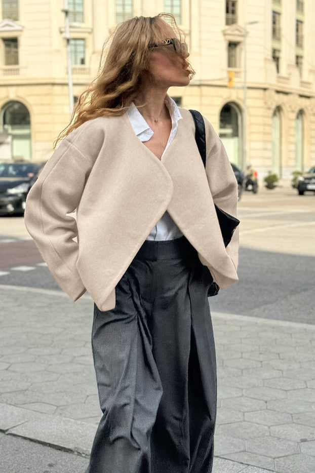 Khaki V Neck Asymmetric Wool Blend Coat Secondary image