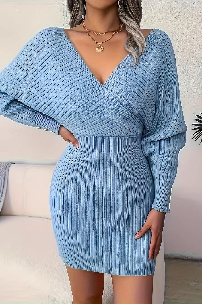 Elegant Cross V Neck Batwing Sleeve Bodycon Sweater Dress Main image
