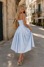 Plaid Printed Ruched Backless Spaghetti Strap Prom Dress