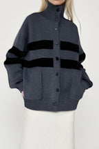 High Neck Color Block Stripe Cardigan