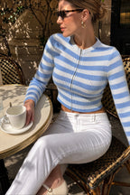 Striped Zip Front Round Neck Knit Top
