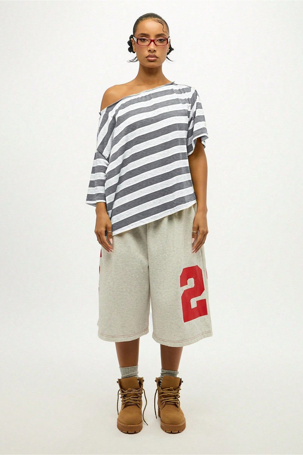 Striped Off Shoulder Oversized Short Sleeve T-Shirt