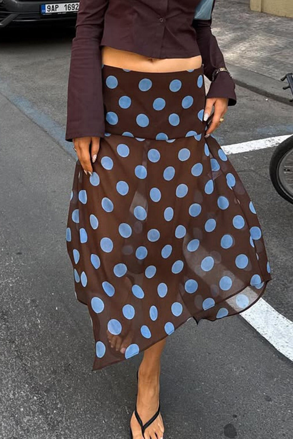 Polka Dot Color Block Sheer Midi Skirt Main image