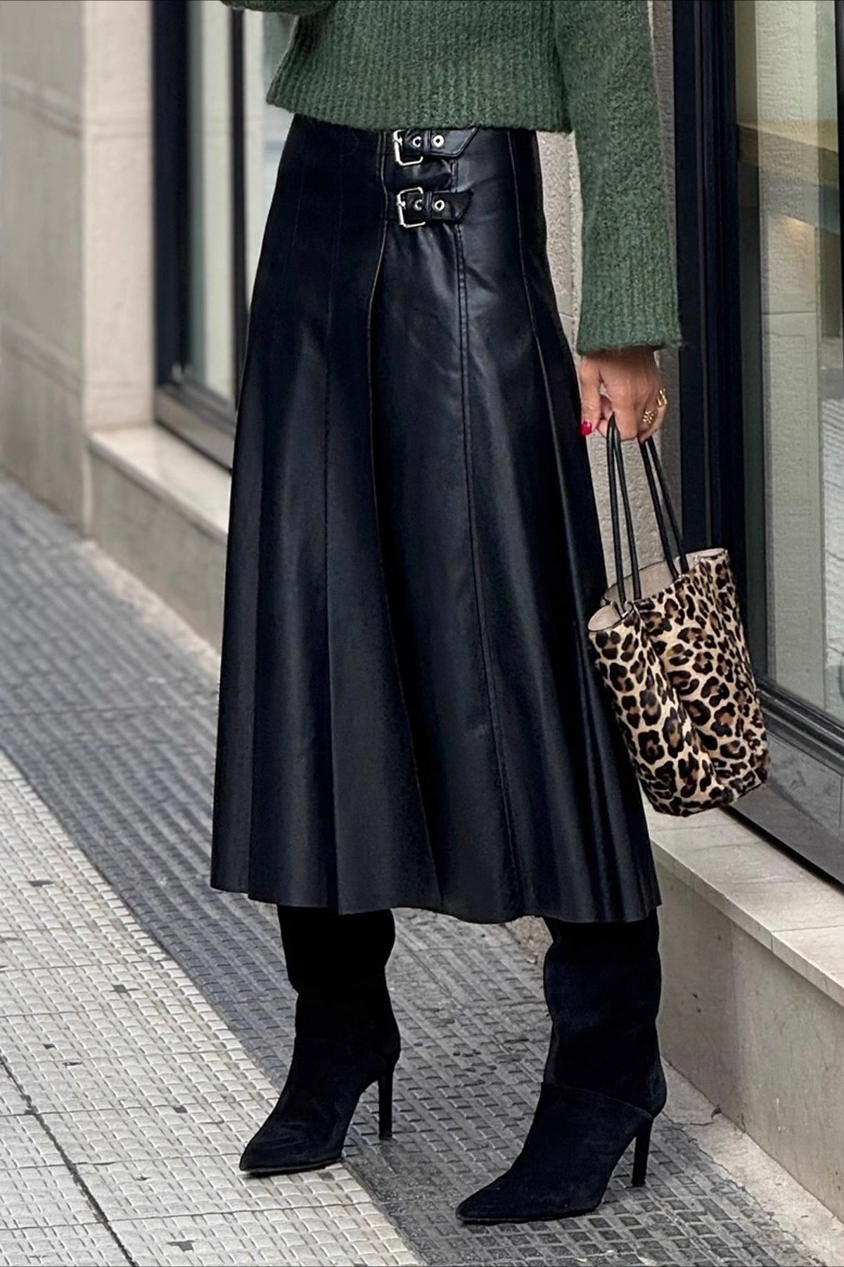 PU Leather Shirred A-Line Skirt Main image
