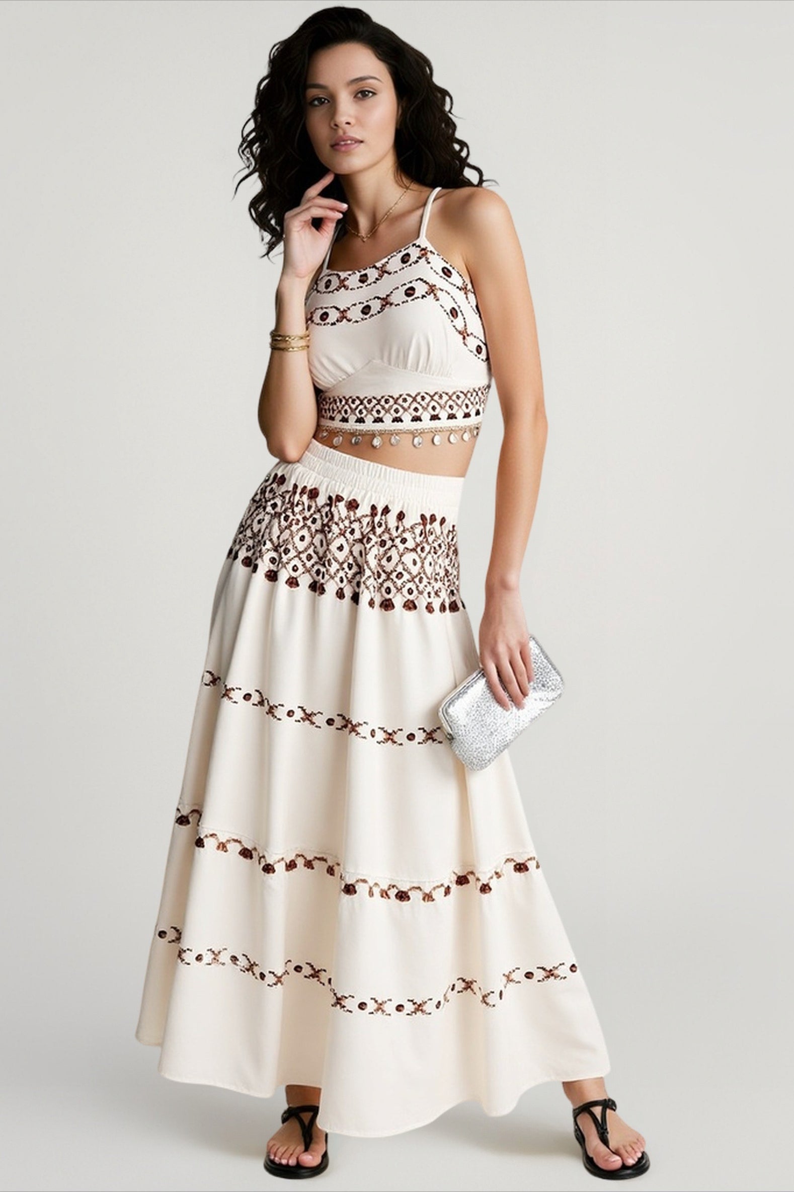 Bohemian vacation positioning printed beach women's suit, fringed webbing suspender top skirt two-piece set Main image
