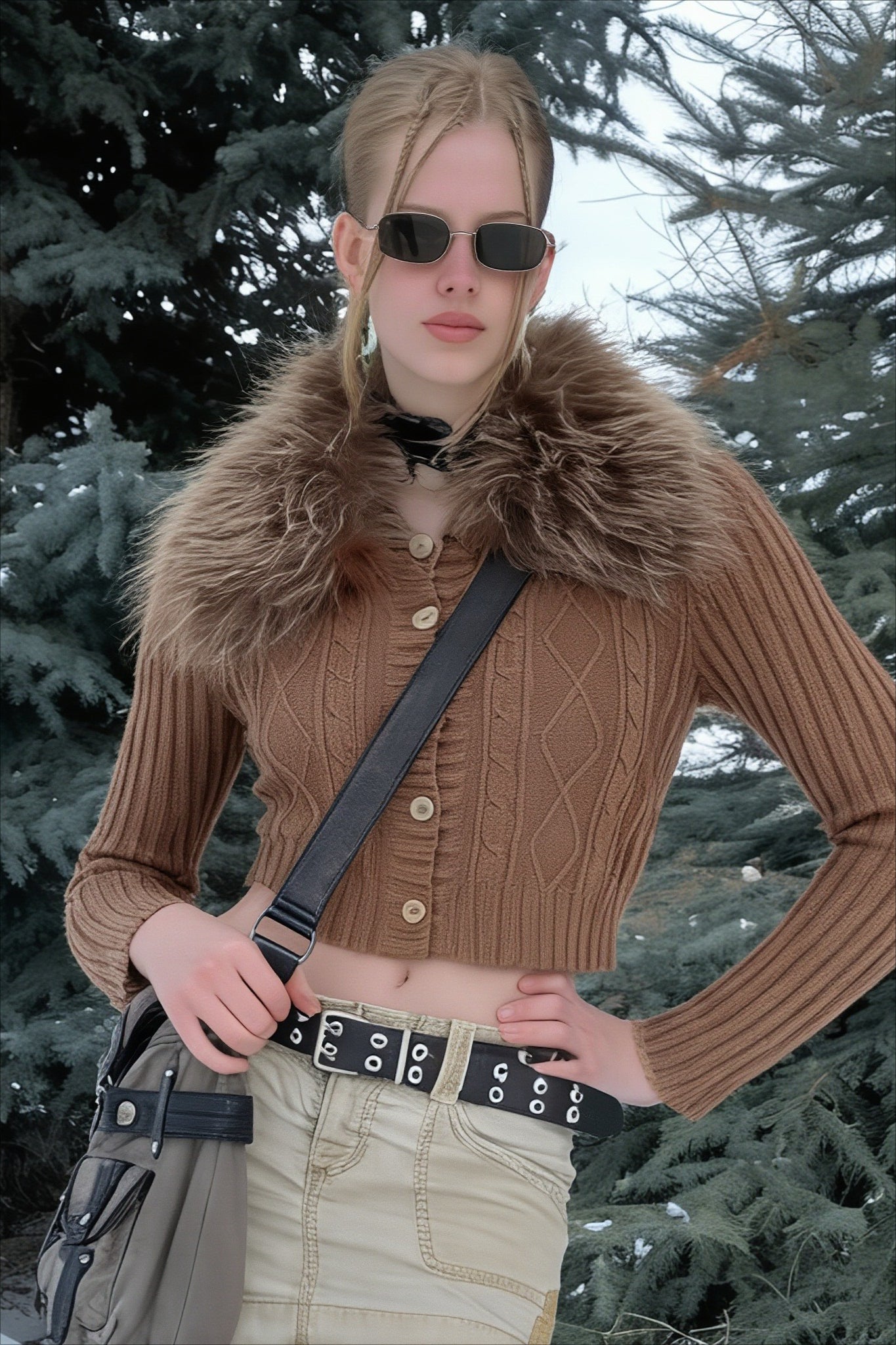Brown Plush Collar Cropped Button Cardigan Sweater Secondary image