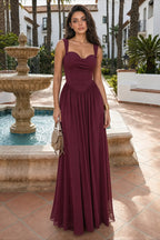 Corset Bodice Ruched Strap Flared Maxi Dress