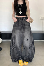Distressed Panel Barrel Leg Street Jeans