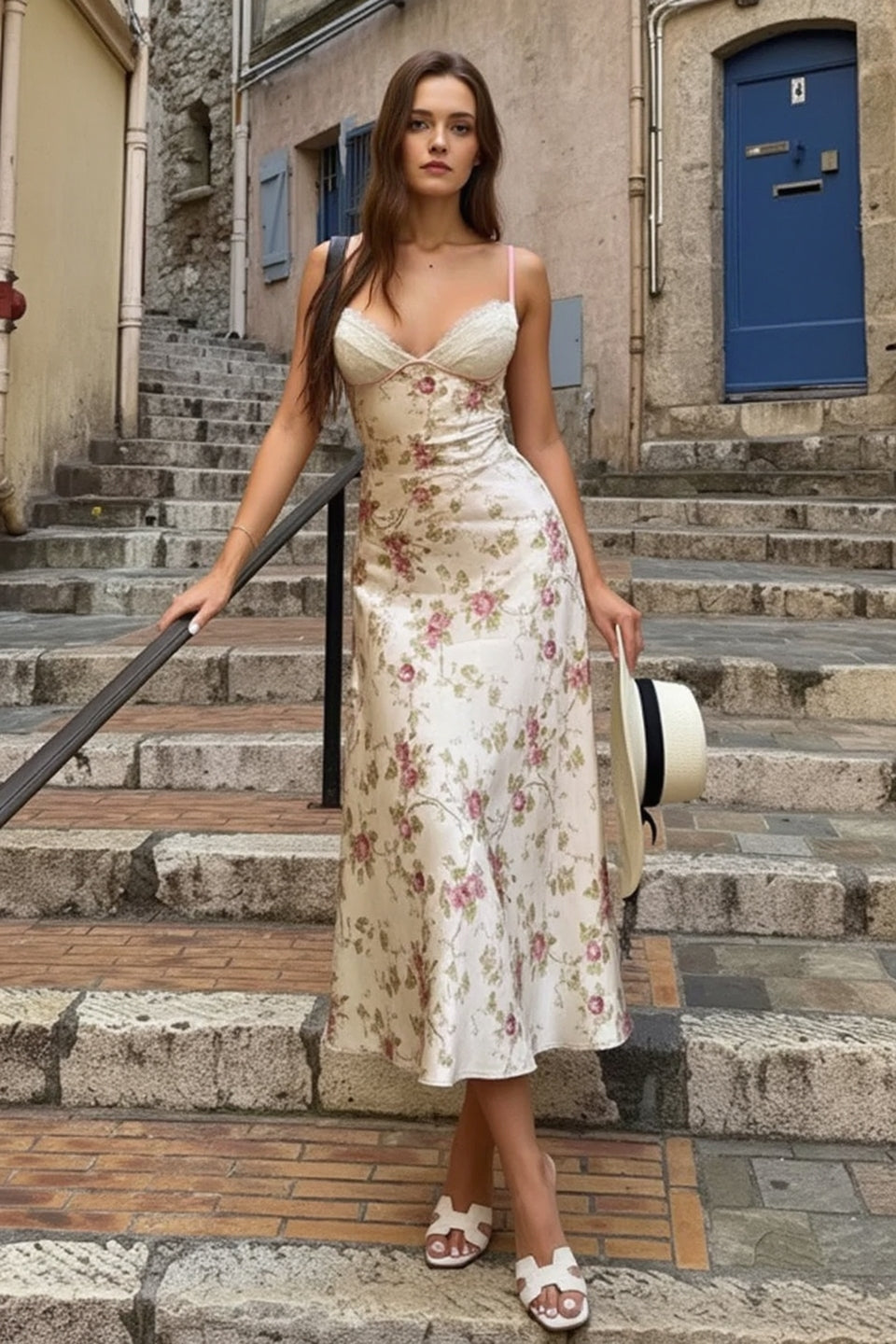 Lace Satin Panel V Neck Floral A Line Maxi Slip Dress Main image