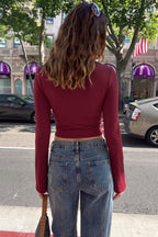 Drawstring Keyhole Mock Neck Long Sleeved T-shirts