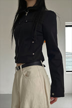 Studded Pocket Fitted Collared Zip Jacket