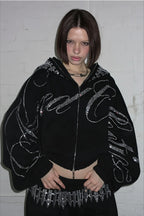 Rhinestone Script Graphic Oversized Zip Front Hoodie