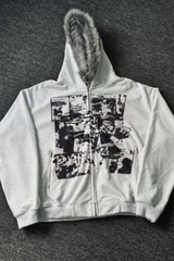 Vintage Black Goth Punk Fleece Lined Letter Zip Hoodie