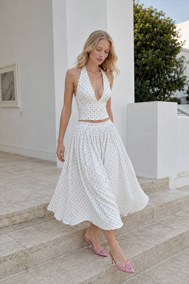 Sexy Polka Dot Halter Tie Top Low Rise Skirt Set