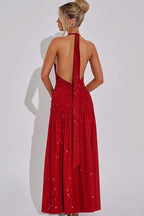 Halter Backless Metallic Slit Birthday Dress