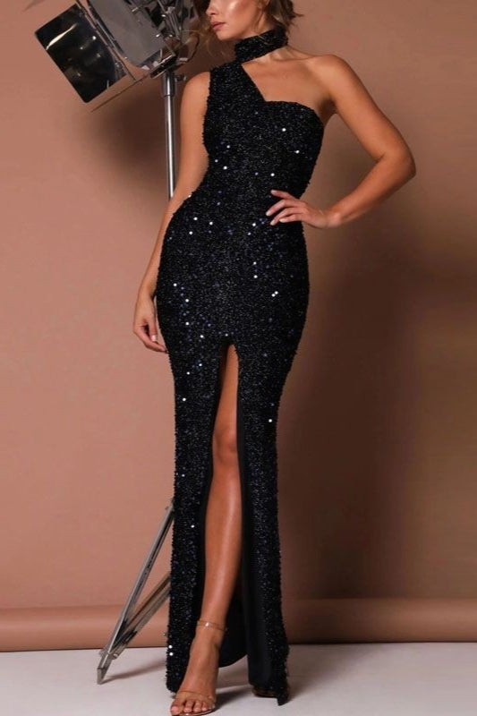 Sweet Strapless Sequin High Waist Black Long Sequin Dress Main image