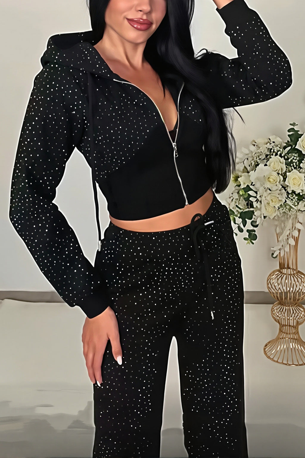 Cropped Rhinestone Zip-Up Hoodie