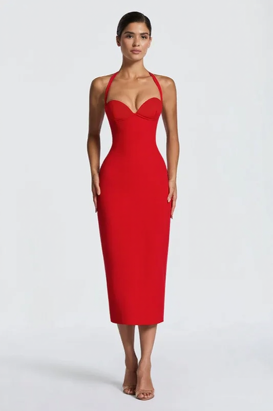 Solid Halter Neck Tie Back Midi Party Dress Main image