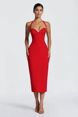 Solid Halter Neck Tie Back Midi Party Dress