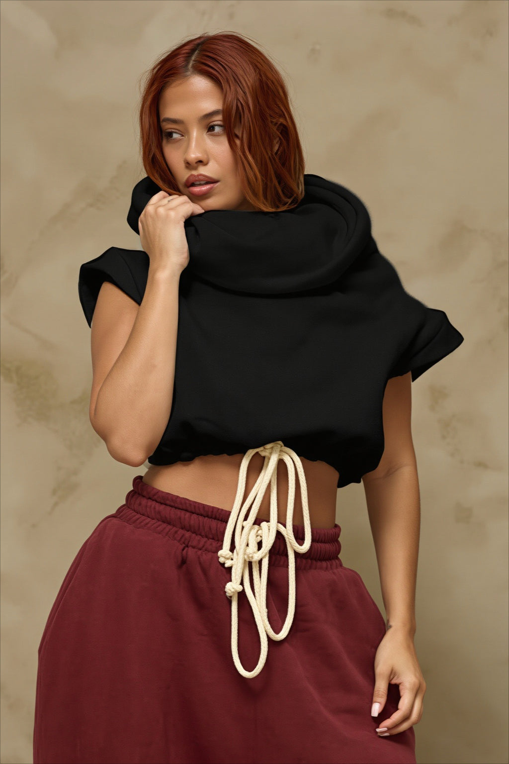 Solid Contrast Drawstring Sleeveless Hoodie