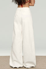 Ruched Textured White High Waist Wide Leg Pants