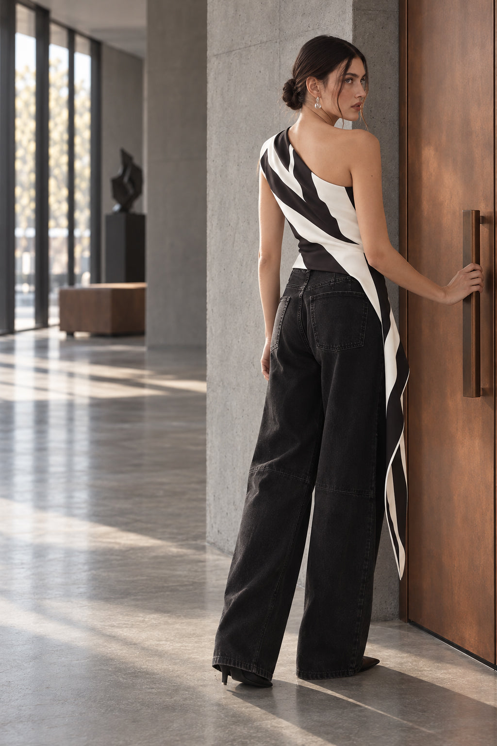 Striped Chiffon One Shoulder Tie Blouse