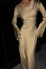 Round Neck Long Sleeve Tie-Waist Silk Dress