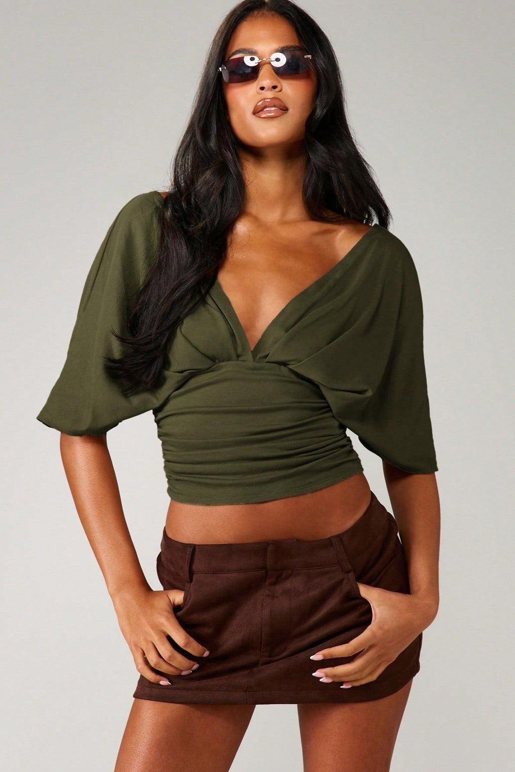 Backless Batwing Sleeve Waist Cinched Crop Top