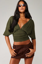 Backless Batwing Sleeve Waist Cinched Crop Top
