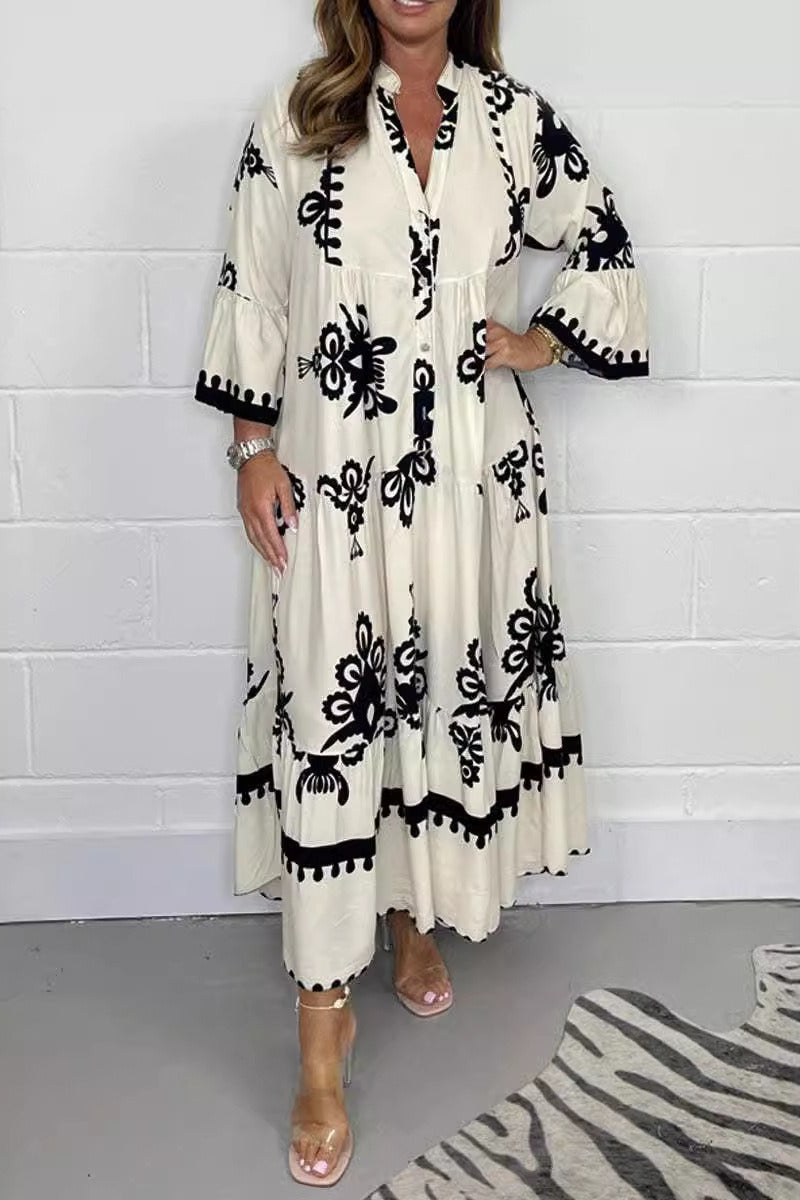 Floral Print Band Collar Waist Cinching Elegant Boho Dress Main image