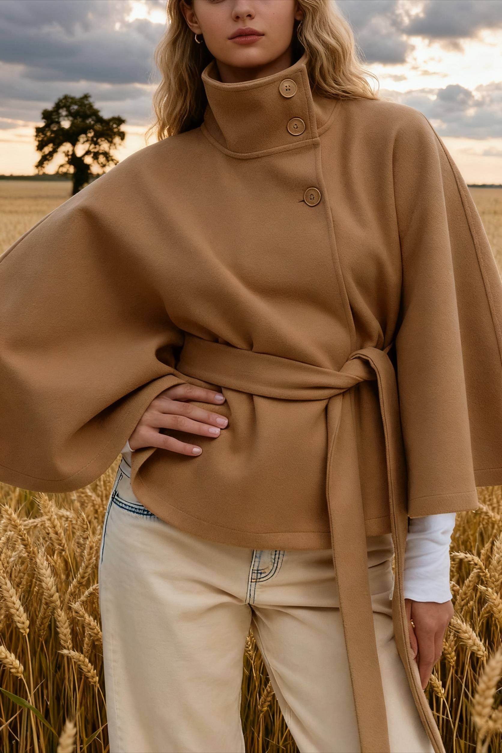 Button Up Stand Collar Cape Coat Main image
