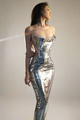 One Shoulder Metallic Gown Prom Dress