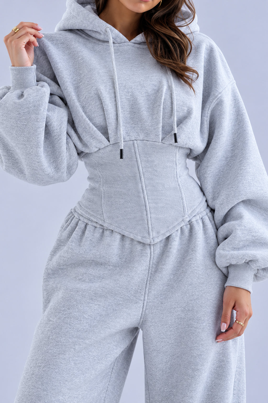 Corset Waist Zip Front Wide Leg Hoodie Two Piece Set