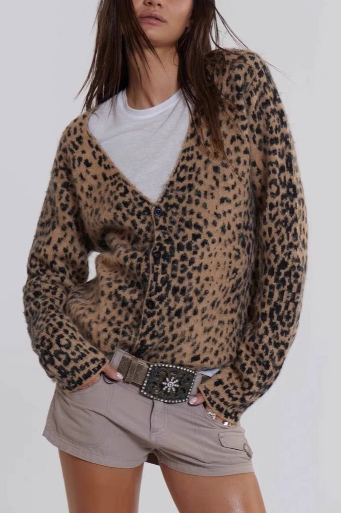 Leopard V-Neck Brushed Knit Top Main image