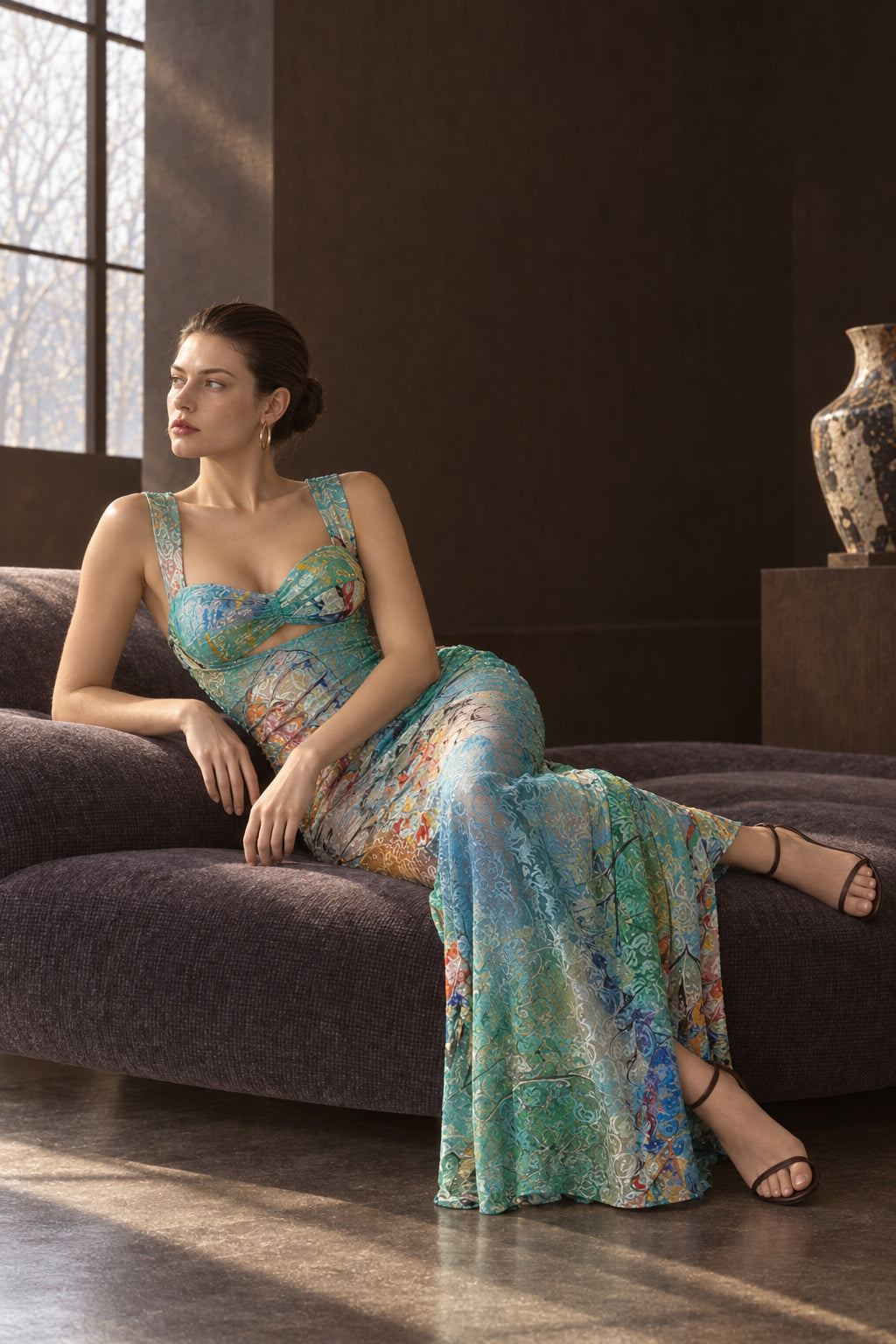 Lace Print Backless Bodycon Maxi Dress