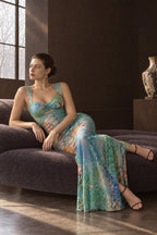Lace Print Backless Bodycon Maxi Dress