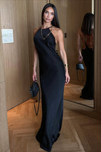 Crystal Chain Strappy Open Back Satin Maxi Dress