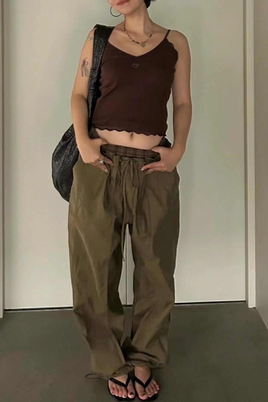 Color Block Plaid Elastic Double Waist Khaki Cargo Casual Pants Secondary image