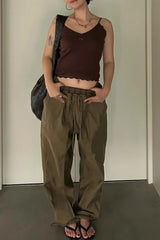 Color Block Plaid Elastic Double Waist Khaki Cargo Casual Pants