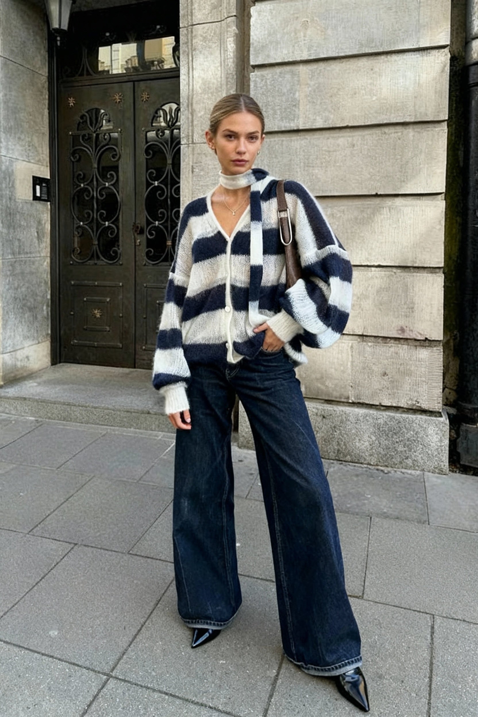 V-Neck Patchwork Knit Cardigan Main image