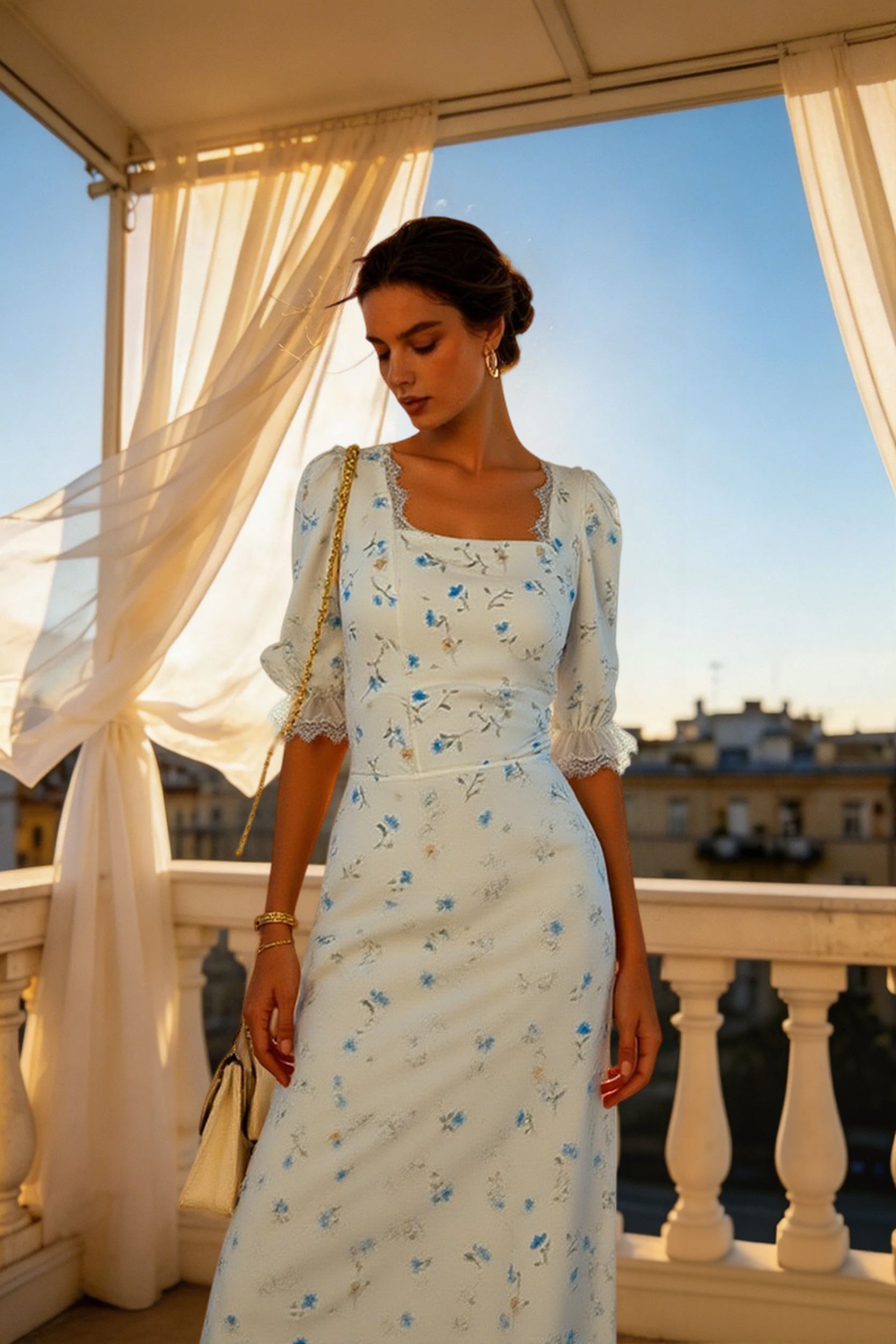 Satin Puff Sleeve Floral Dress Main image