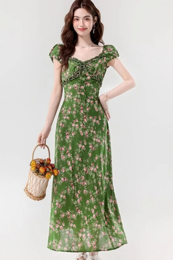 Retro Slim Green V-Neck Floral Dress Main image