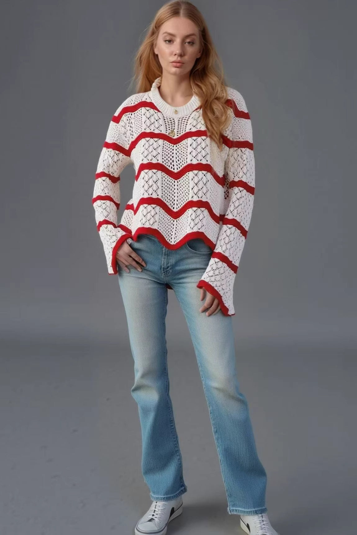 Casual Wavy Knit Bell Sleeve Sweater Secondary image