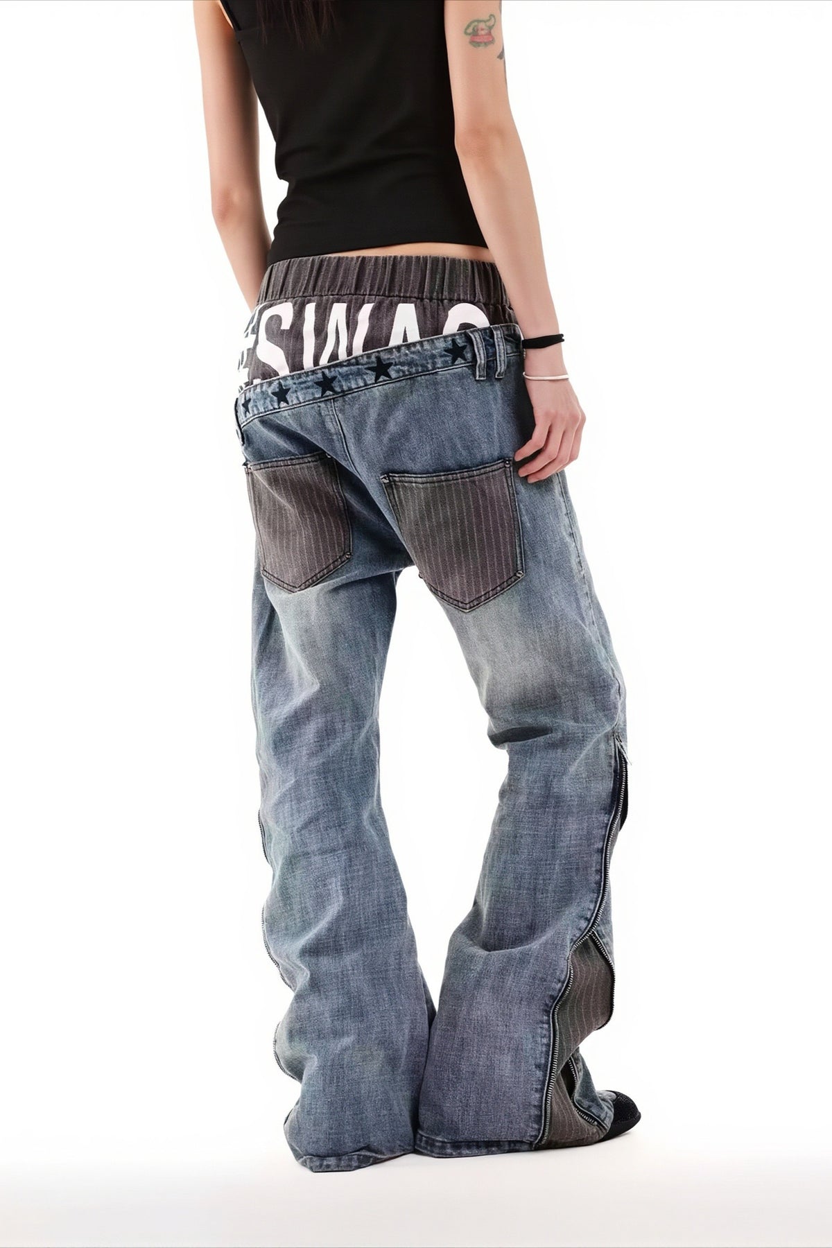 Double Waist Stripe Panel Baggy Streetwear Jeans