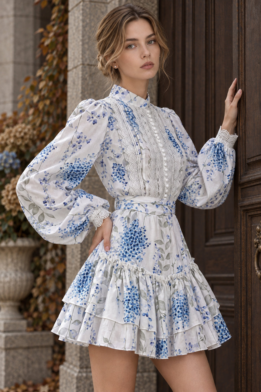 Floral Print Stand Collar Puff Sleeve Ruffle Maxi Dress Main image