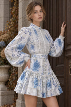 Floral Print Stand Collar Puff Sleeve Ruffle Maxi Dress