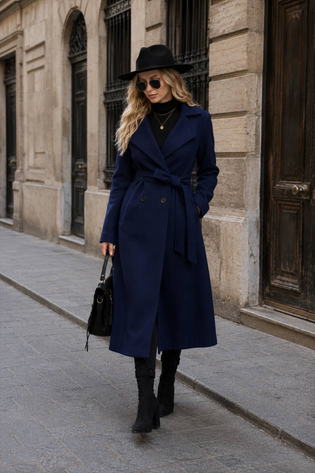 Wool Lapel Long Belted Double Overcoat