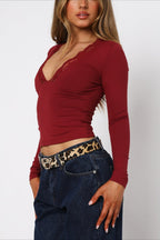 V Neck Lace Trim Bodycon Cropped Short Sleeve Tee