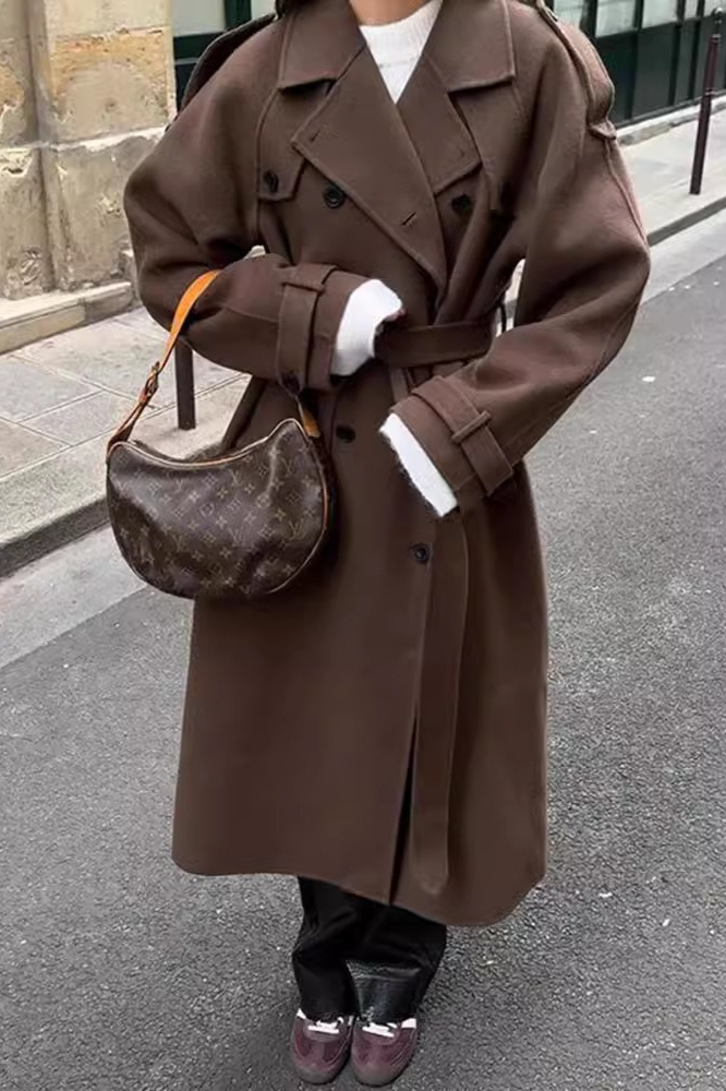 Notched Lapel Long Wool Cinch Belt Overcoat Main image