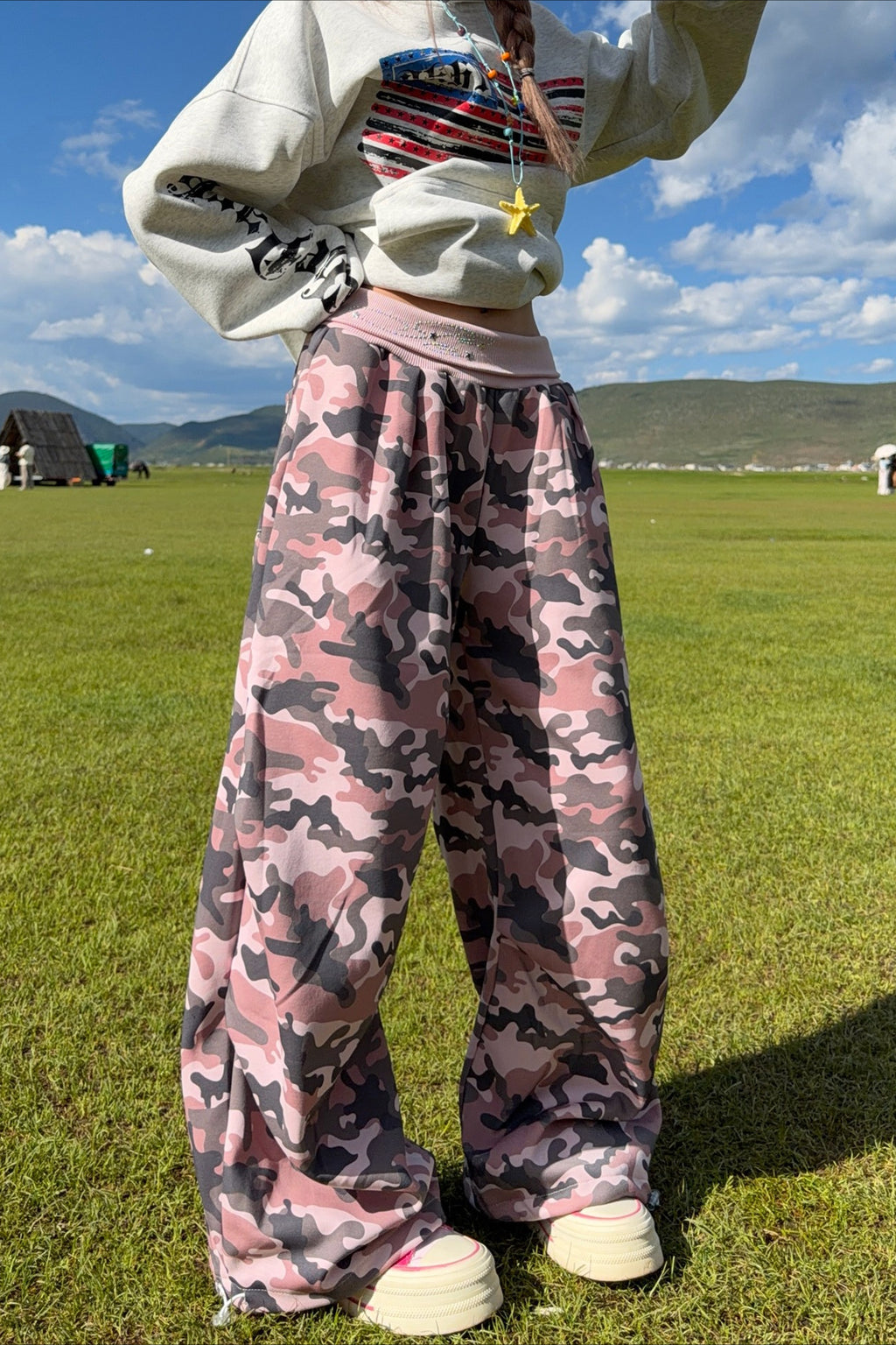 Pink Camouflage Drawstring Wide Leg Pants
